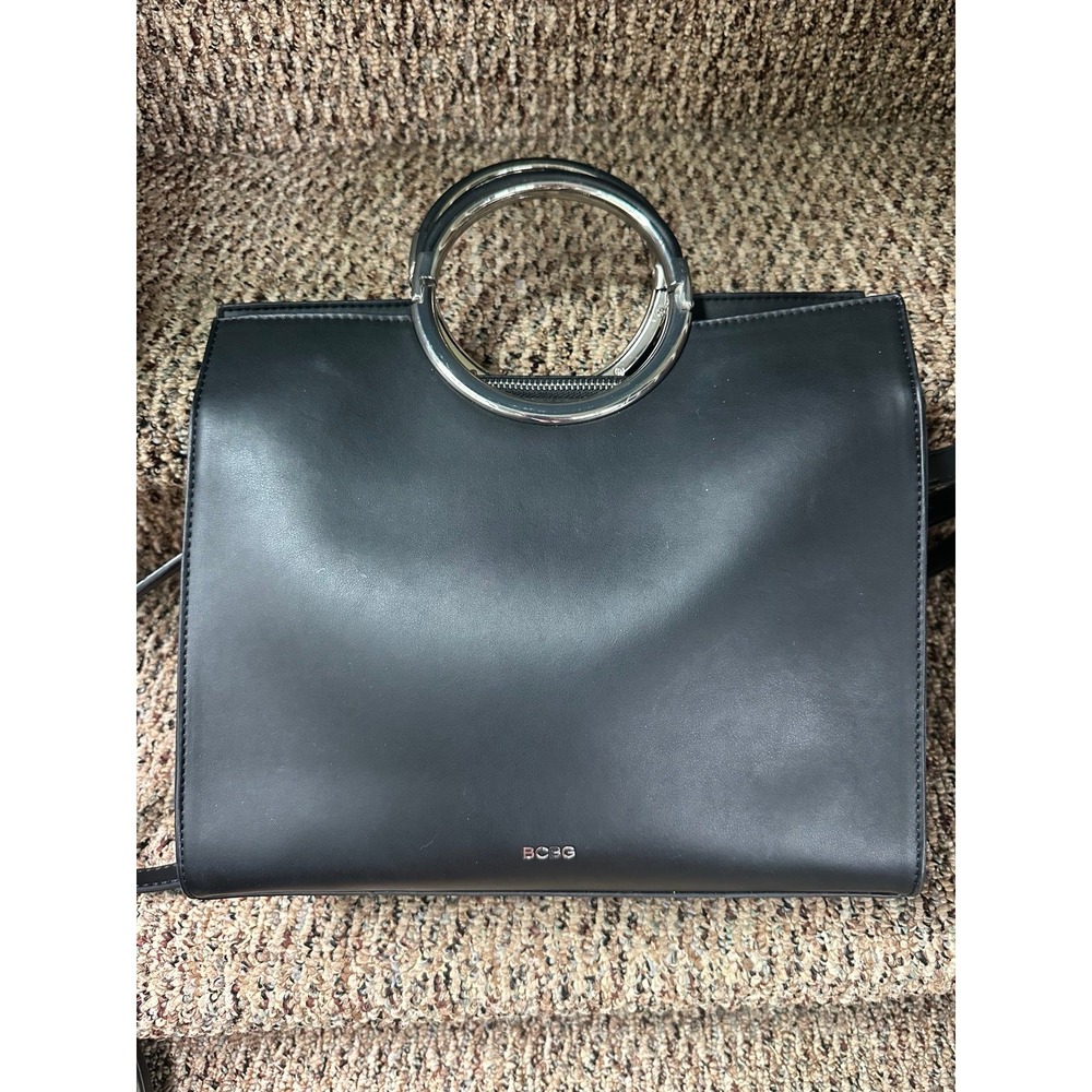 BCBG Black Faux Leather Satchel Shoulder Bag with Silver Ring Handle 14 x 12